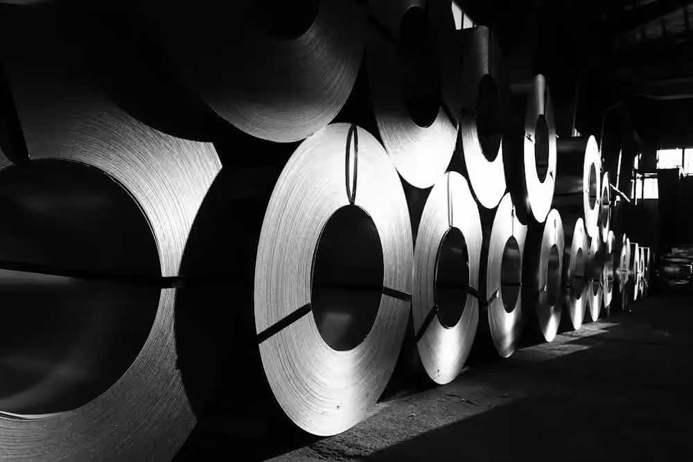 Rolls of steel lined up in a warehouse