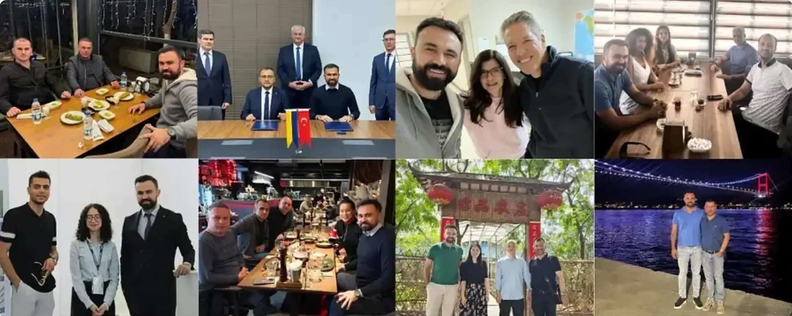 Collage of eight photos of people meeting, dining and posing together